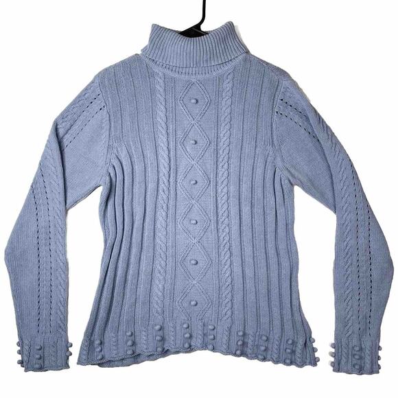 Y2K Blue Cable Knit Turtleneck Sweater Pullover Pom Pom XL Coquette Fairy Grunge - Picture 1 of 9